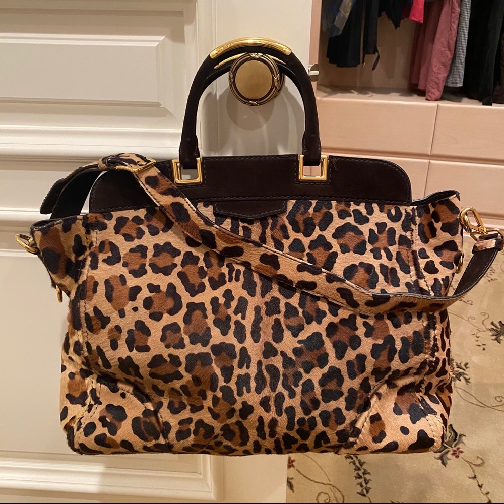 Prada vintage leopard dyed calf fur tote satchel